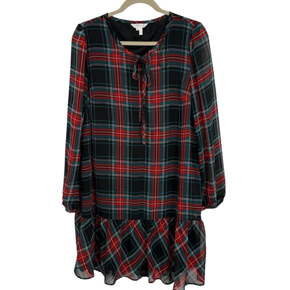 Draper James Plaid Chiffon Shift Dress size Medium Long Sleeves Ruffle Hem Midi - Picture 8 of 8